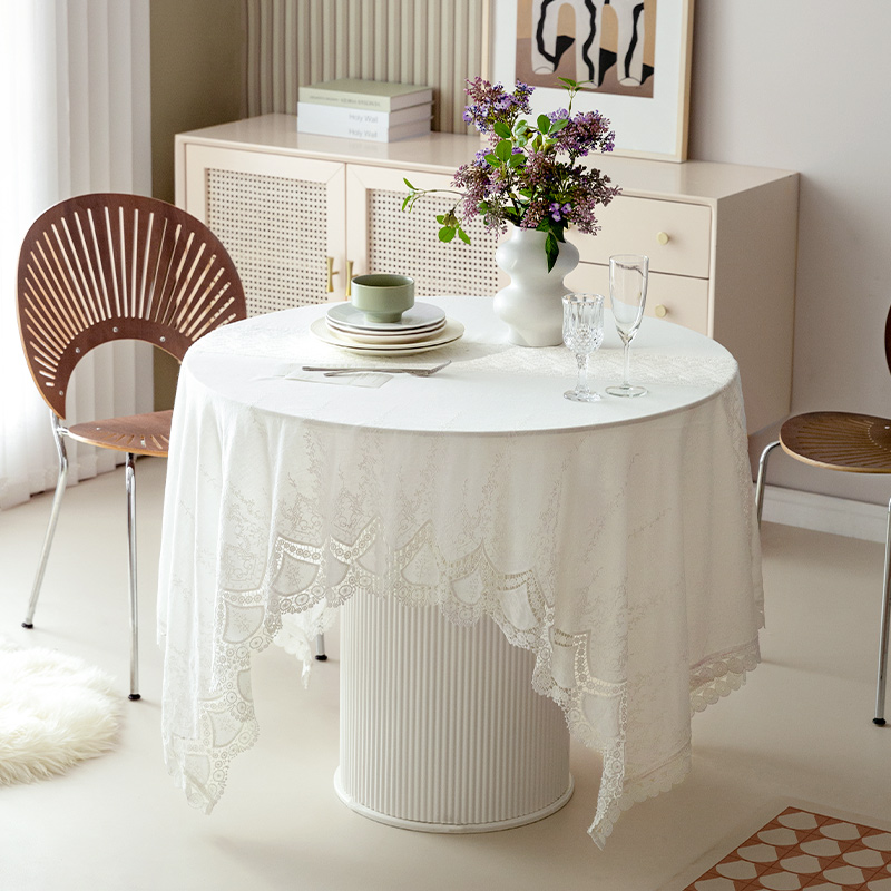 UARA阿纳伊斯北欧复古白色蕾丝圆形餐桌布高级感圆桌茶几布艺盖巾